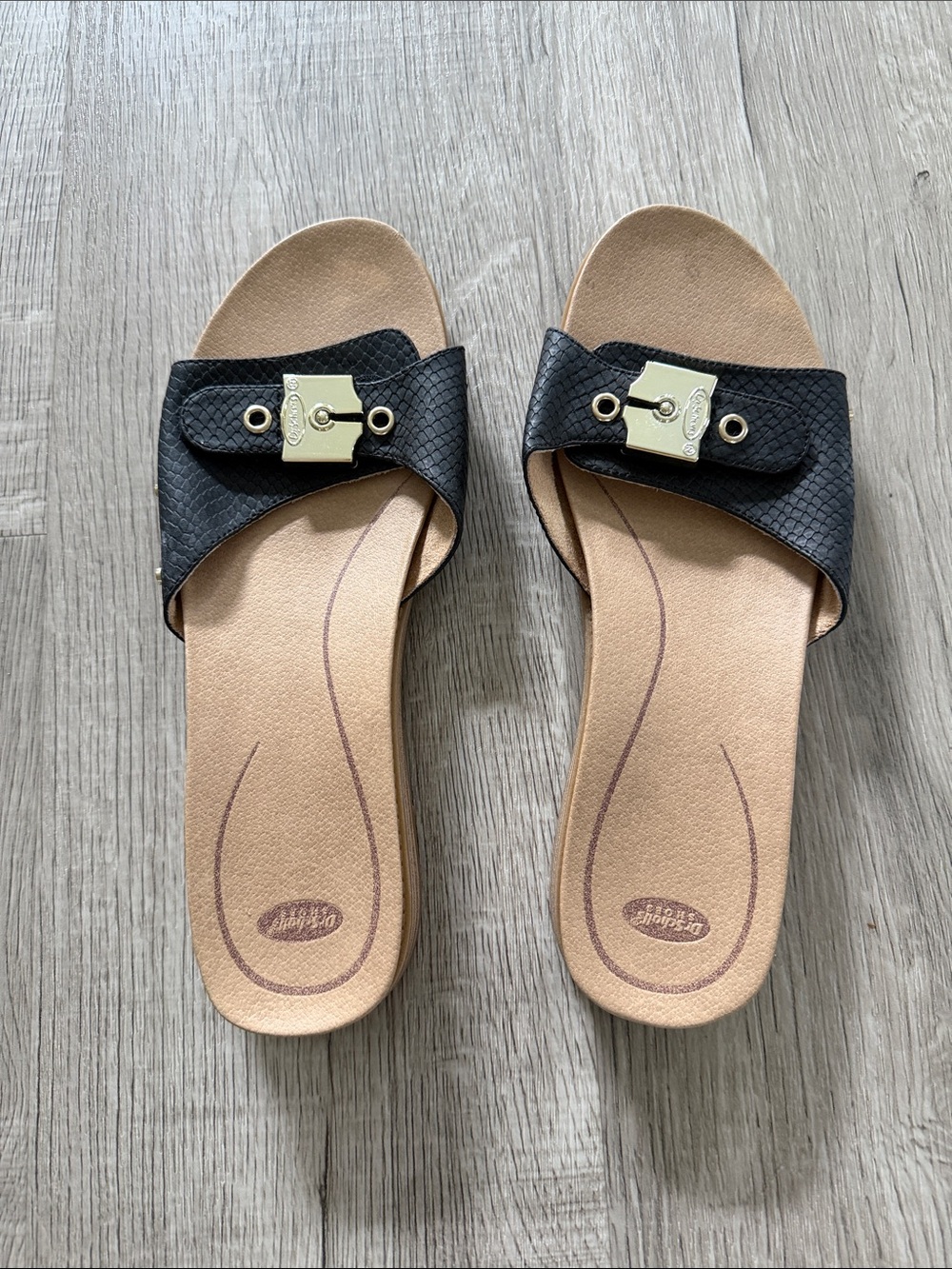 Dr. Scholls  Black Slide Sandals with Gold Accent - Women size 10